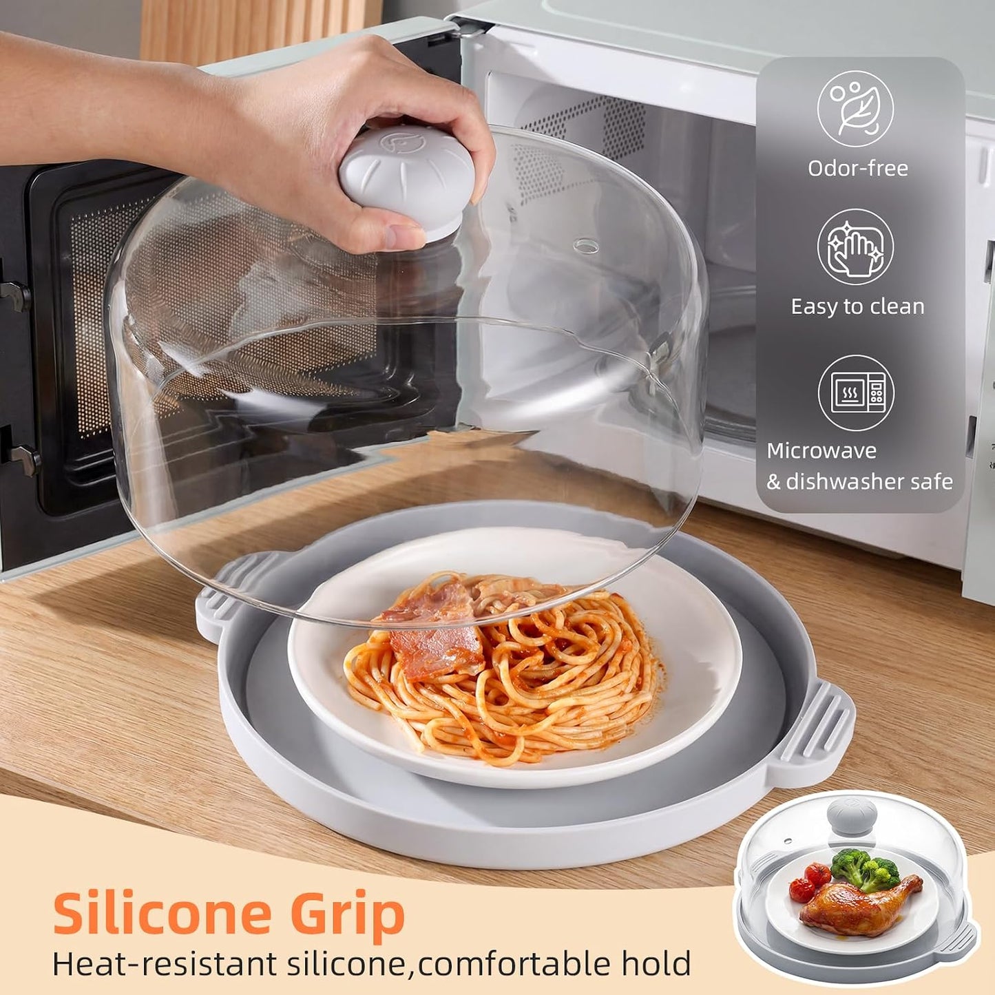 2 in-1 Glass Microwave Cover for Food-10.23” Tempered Glass Microwave Splatter Cover & Food Grade Silicone Tray with Anti-Scald Handles,Tall Glass Plate Guard with Vent Holes-BPA Free,Dishwasher Safe