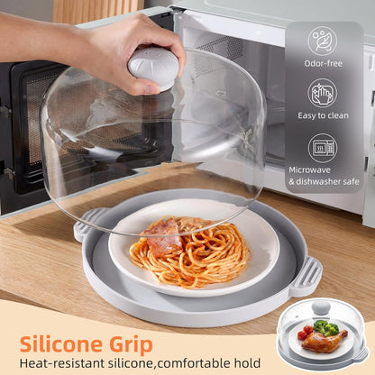 2 in-1 Glass Microwave Cover for Food-10.23” Tempered Glass Microwave Splatter Cover & Food Grade Silicone Tray with Anti-Scald Handles,Tall Glass Plate Guard with Vent Holes-BPA Free,Dishwasher Safe
