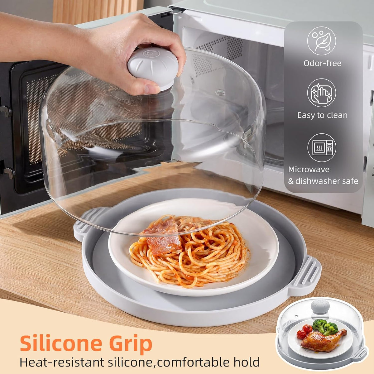 2 in-1 Glass Microwave Splatter Cover for Food & Food Grade Silicone Tray