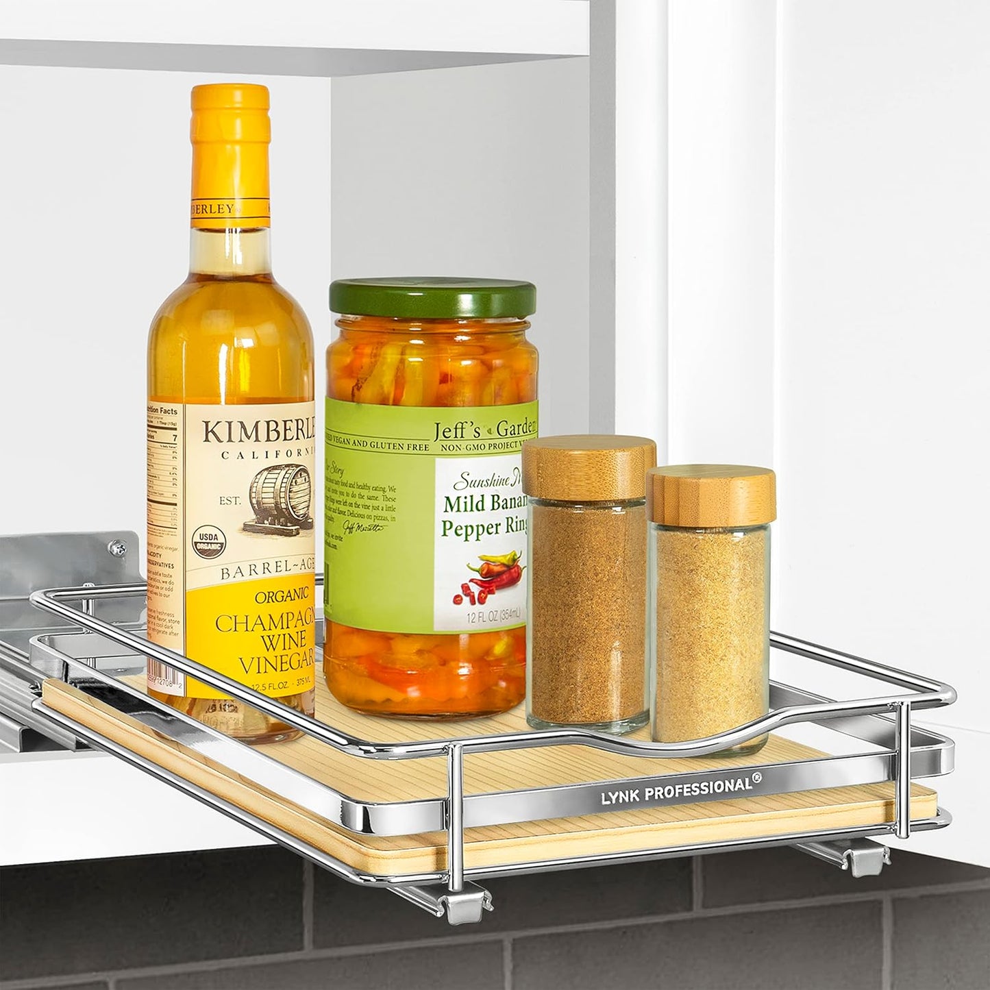 LYNK PROFESSIONAL® Pull Out Spice Organization for Cabinets - 4-3/8 inch Wide – Spice Rack for Inside Cabinets, Slide Out Spice Rack Organizer for cabinet – Pull Out Spice Rack, Sliding 2 Tier Chrome