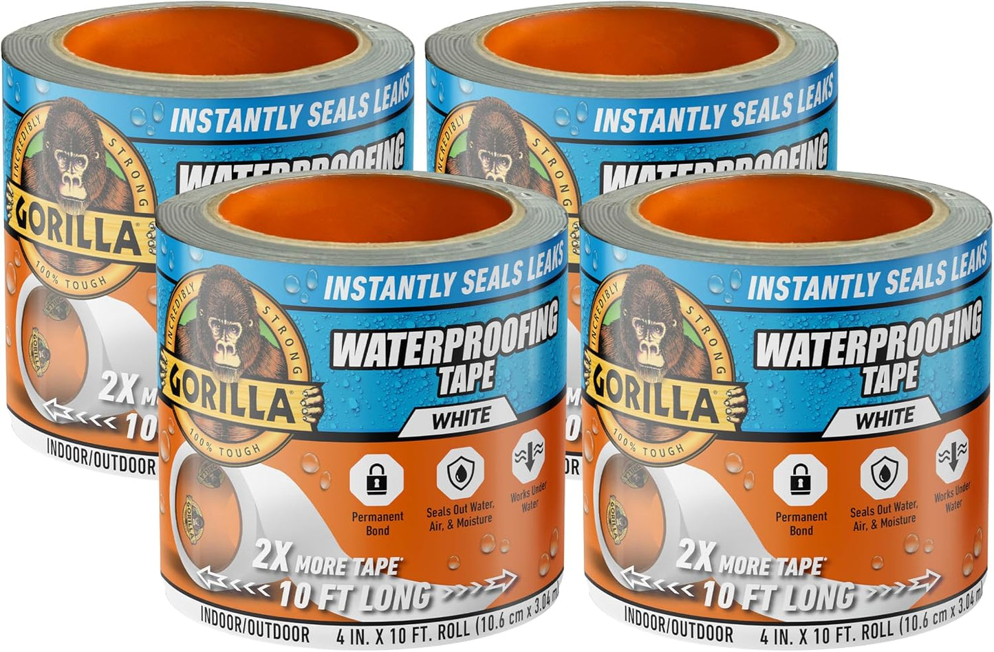 GORILLA Waterproofing Tape, Permanent, Black, 4" x 10', 1-Pack | Weather Resistant Seal for Leaks & Repairs, Air & Moisture Barrier, Bonds Metal, Plastic, Wood, Rubber & Vinyl