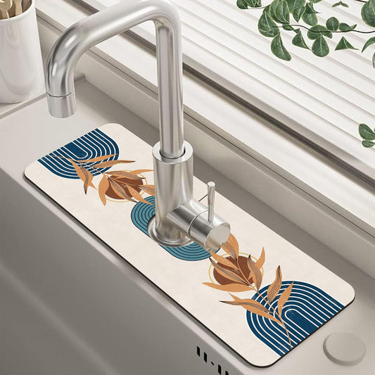 Abstract Blue Minimalistic Sink Faucet Absorbing Mat Sink Splash Guard Faucet Mat Draining Mat Fast Drying Sink Protectors for Kitchen and Bathroom 5.5"×15"
