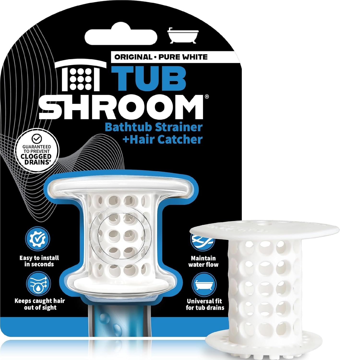 TubShroom Bathtub Drain Hair Catcher – in-Drain Tub Strainer & Clog Prevention Protector, Fits Standard 1.4”–1.75” Tub Drains, Easy Clean, Captures Human & Pet Hair Out of Sight (Gray)