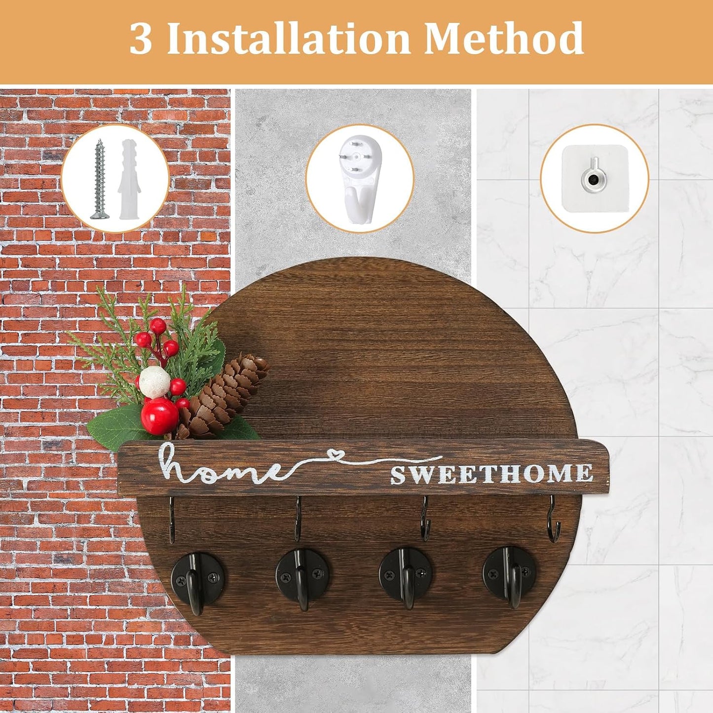 Key Holder for Wall, Key and Mail Holder Organizer - Key Holder Wall Mount with Bouquet Shelf and Key Hooks, Round Wooden Rustic Key Rack for Entryway and Home Decor (Black)