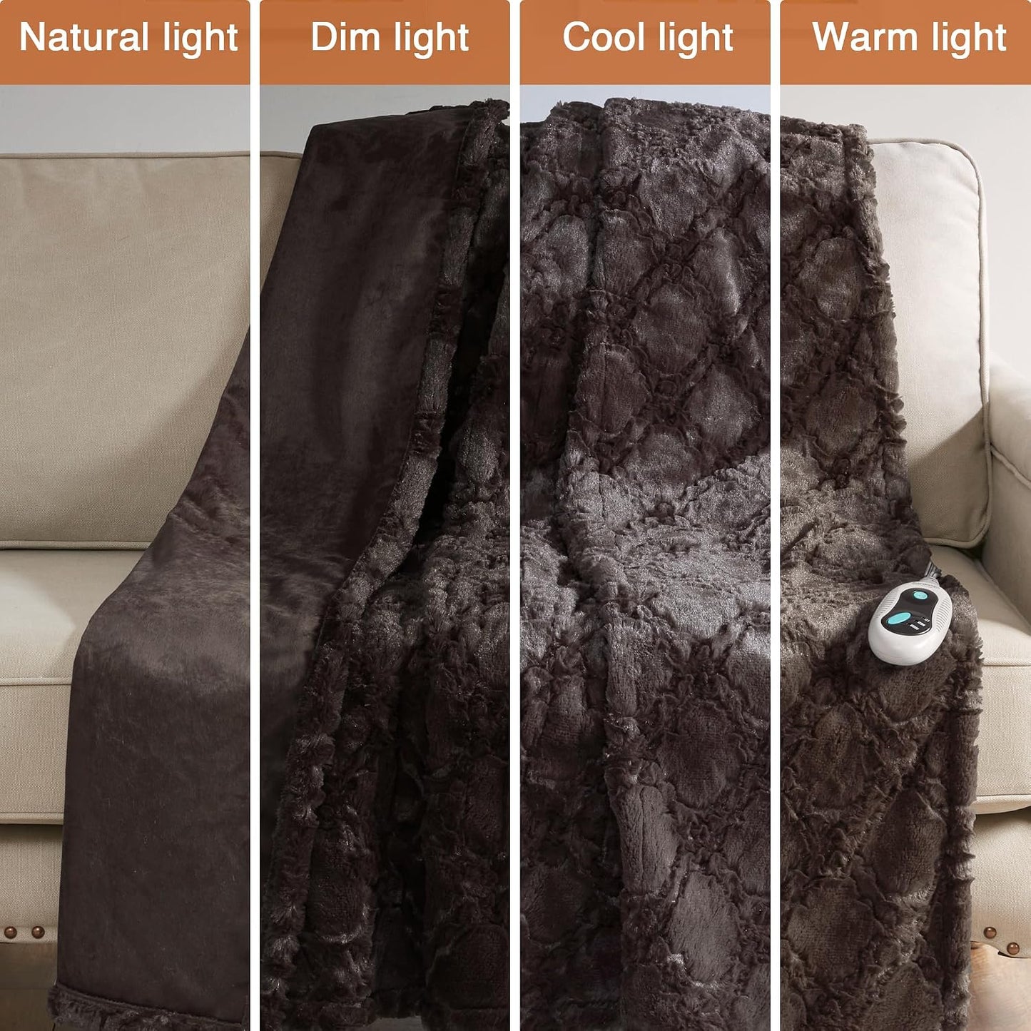 Beautyrest Long Brushed Faux Fur Ogee Textured Design Electric Blanket, Auto Shut Off, Virtually Zero EMF, Multi Heat Setting, UL Certified, Machine Washable, Grey Throw 50x60