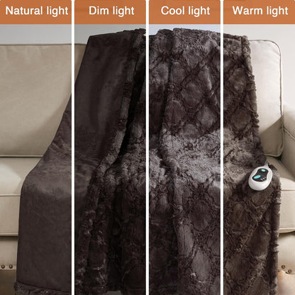 Beautyrest Long Brushed Faux Fur Ogee Textured Design Electric Blanket, Auto Shut Off, Virtually Zero EMF, Multi Heat Setting, UL Certified, Machine Washable, Grey Throw 50x60