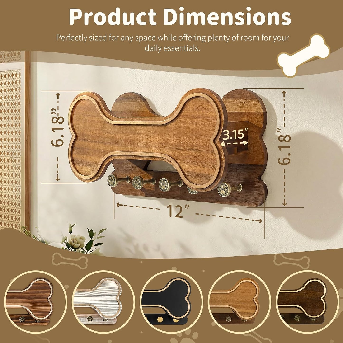 MTERSN Dog Leash Holder for Wall with Key Hooks for Dog Gear Storage, Brown | 3D Puppy Paw Hooks, Doggie Bone Shape, Key Rack with 5 Hooks, Wall Shelf for Treats & Dog Food, Ideal for Wall Decor
