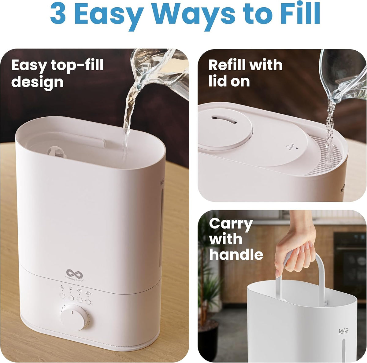 Everlasting Comfort 2.5L Top Fill Humidifier for Bedroom – 28dB Ultra-Quiet, Easy to Fill & Clean, 24HR Runtime, Night Light, Timer, Ultrasonic Cool Mist, Auto Shut-Off for Indoor Use