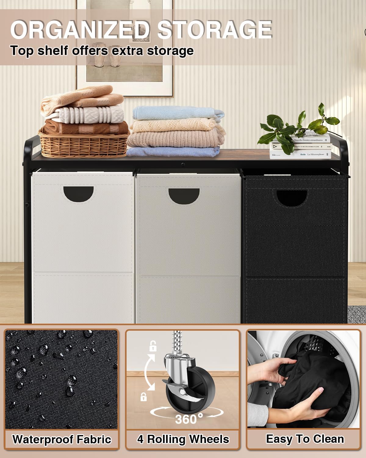 Laundry Sorter 3 Section,Laundry Basket with Wheels,3×15.8 Gal (60L) | Laundry Room Organization with Wooden Desktop Shelf,Pull-Out and Removable 900D Oxford Fabric Laundry Bags for Laundry Room