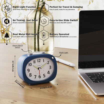 AYRELY® 4.5" Loud Analog Alarm Clock for Heavy Sleepers, 100 dB Alarm Sound | Mechanical Bell, Silent Quartz Desk Clock and Table Clock with 10-Second Night Light, Luminous Hands for Bedroom and Bedside