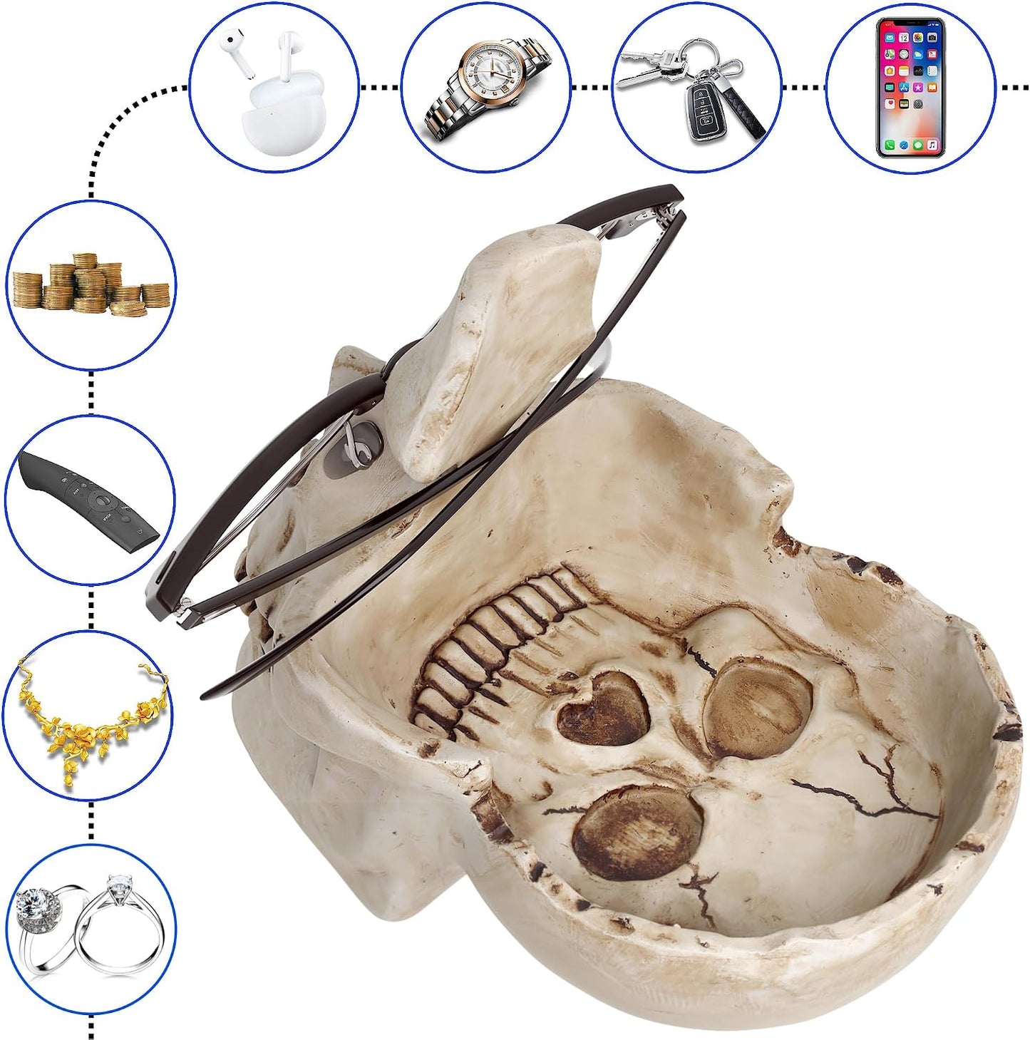 READAEER Skull Glasses Stand Holder, Creative Eyeglasses Holder, Sunglasses Spectacle Display Rack, Key Holder Resin Sculptures for Entryway, Home, Office, Desk, Nightstand (White)