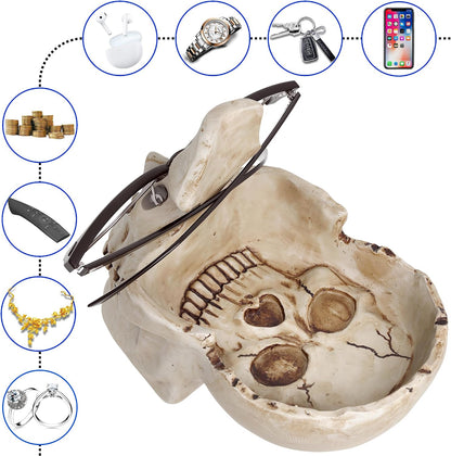 READAEER Skull Glasses Stand Holder, Creative Eyeglasses Holder, Sunglasses Spectacle Display Rack, Key Holder Resin Sculptures for Entryway, Home, Office, Desk, Nightstand (White)