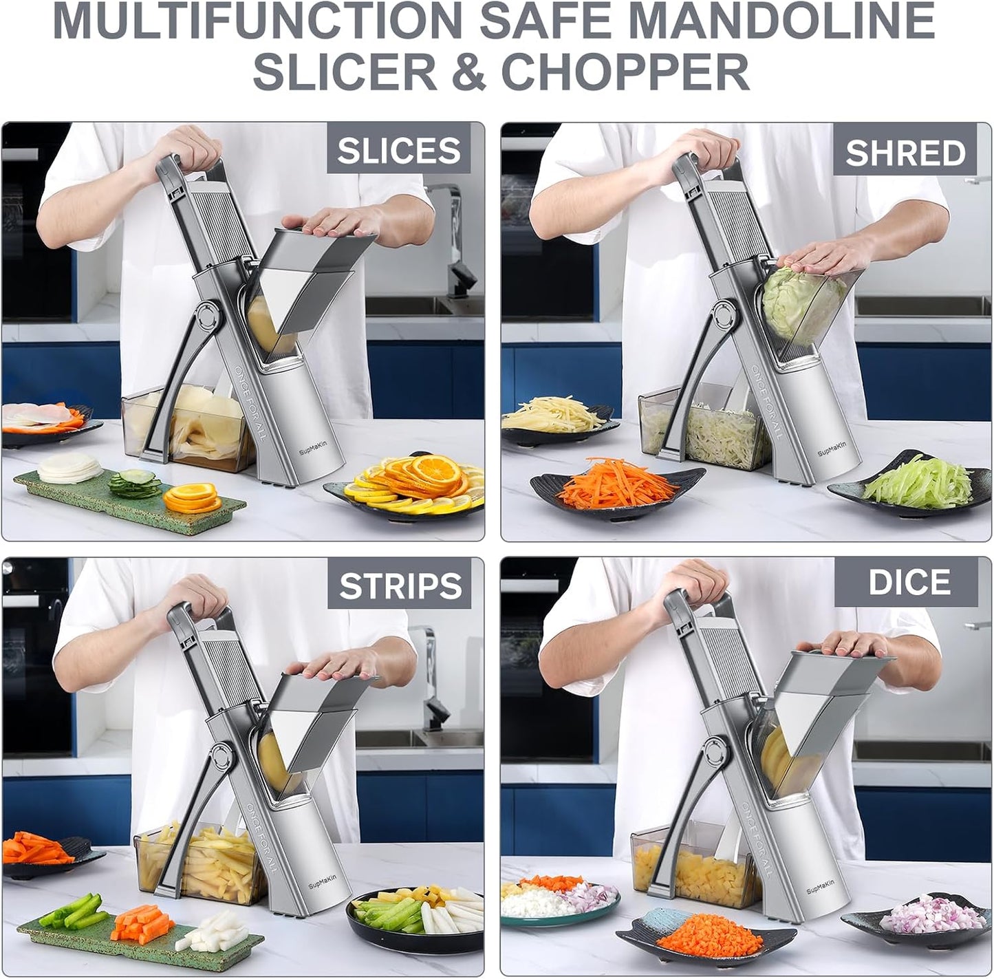 SupMaKin Safe Mandoline Slicer Plus for Kitchen Adjustable Vegetable Slicer | 0.1-8mm, Cut Resistant Stainless Steel Blades,Potato Fry Cutter, Onion Chopper, Detachable,Foldable Dishwasher Safe, Gifts