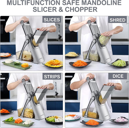 SupMaKin Safe Mandoline Slicer Plus for Kitchen Adjustable Vegetable Slicer | 0.1-8mm, Cut Resistant Stainless Steel Blades,Potato Fry Cutter, Onion Chopper, Detachable,Foldable Dishwasher Safe, Gifts