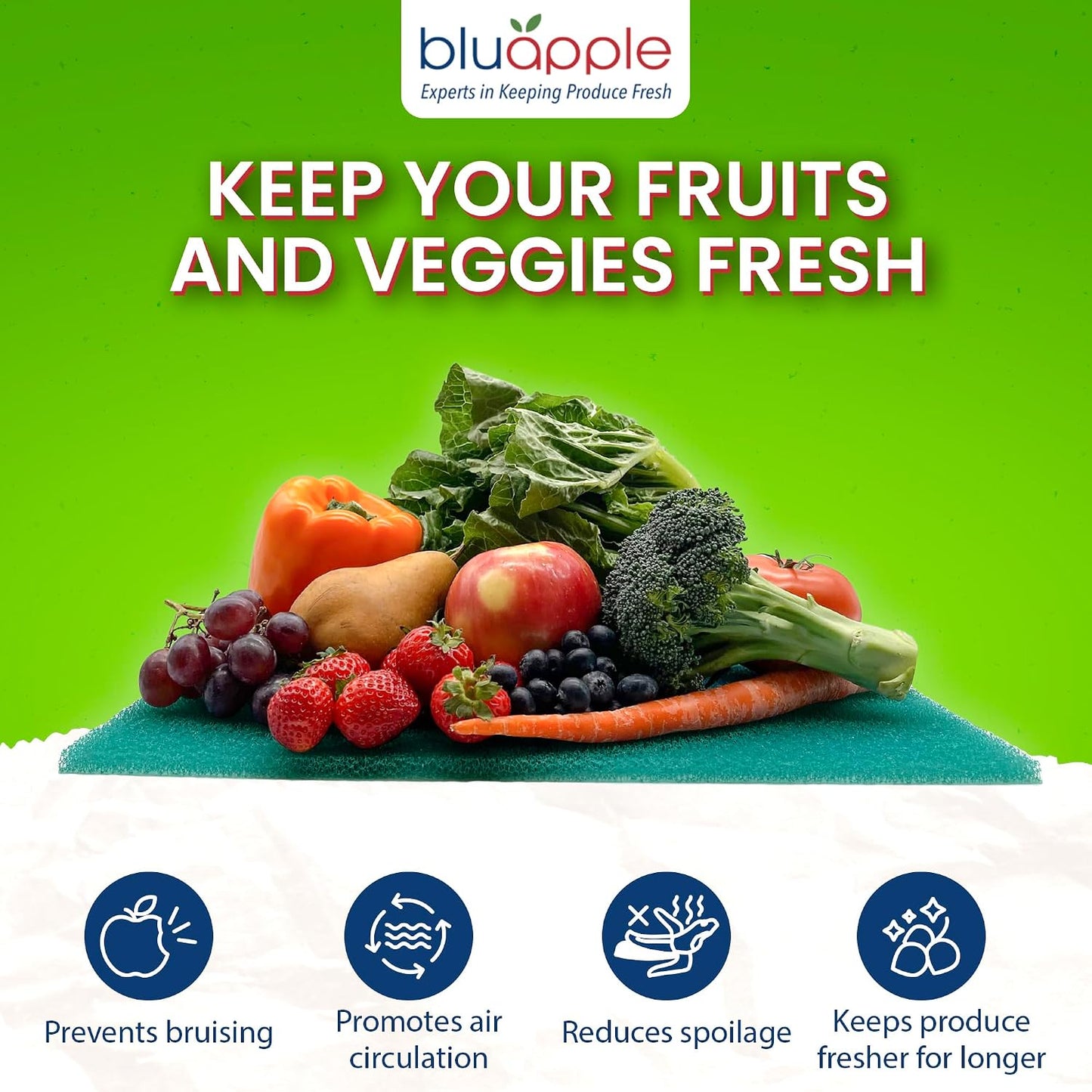 Bluapple FreshMats - Refrigerator Bin Liners, Fridge Drawer Mats - Keeps Produce Fresh Longer, Prevents Bruising, Promotes Air Circulation - BPA-Free Polyurethane Foam - (4-Piece Set, 12"x15", Green)