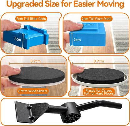 3.5 Inch Furniture Sliders with Lifter Tool, 12 PCS Multi-Surface Movers Kit for Carpet and Hardwood Floors, Heavy Duty Moving Pads, Appliance Slider Floor Protectors for Sofa Bed Table Cabinet