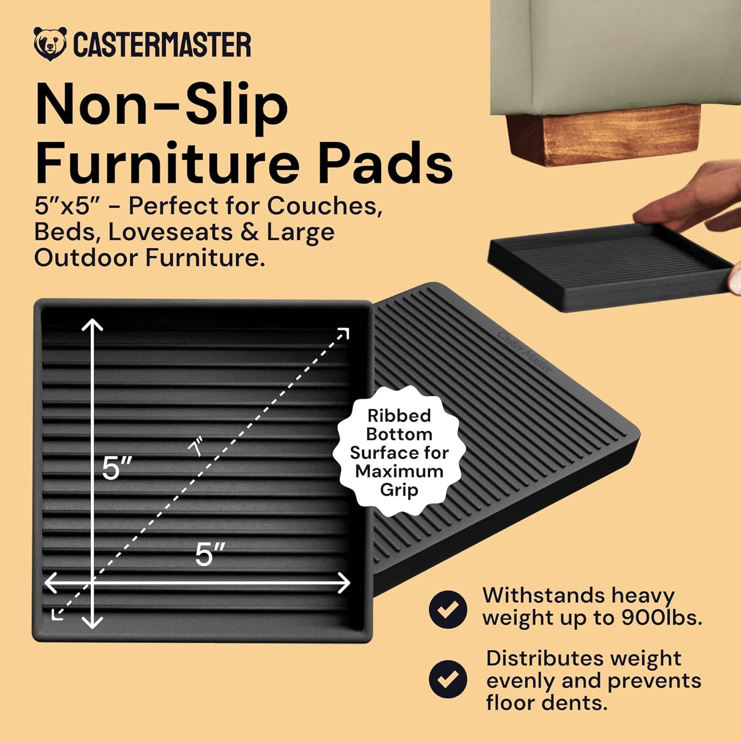 Non-Slip Furniture Pads - 4x4 in Brown, 4 Pack | Square rubber caster cups - anti-skid - Use for heavy sofas, beds & chairs on hardwood floors
