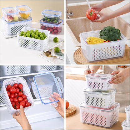 3 PCS Fruit Storage Containers for Fridge Food Storage Container Set with Removable Strainer, Lid with Strainer, Fruit & Vegetable Crisper, BPA-Free Plastic Produce Crisper for Long-Term Freshness