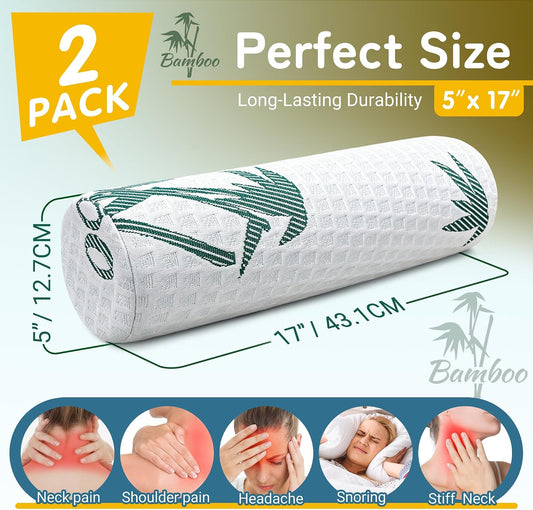 Asatdd Cervical Neck Roll Pillow 2 Pack, Round Bolster Pillow with Washable Cover for Lumbar Legs Support, Sleeping, Office and Travel, 5" x 17"