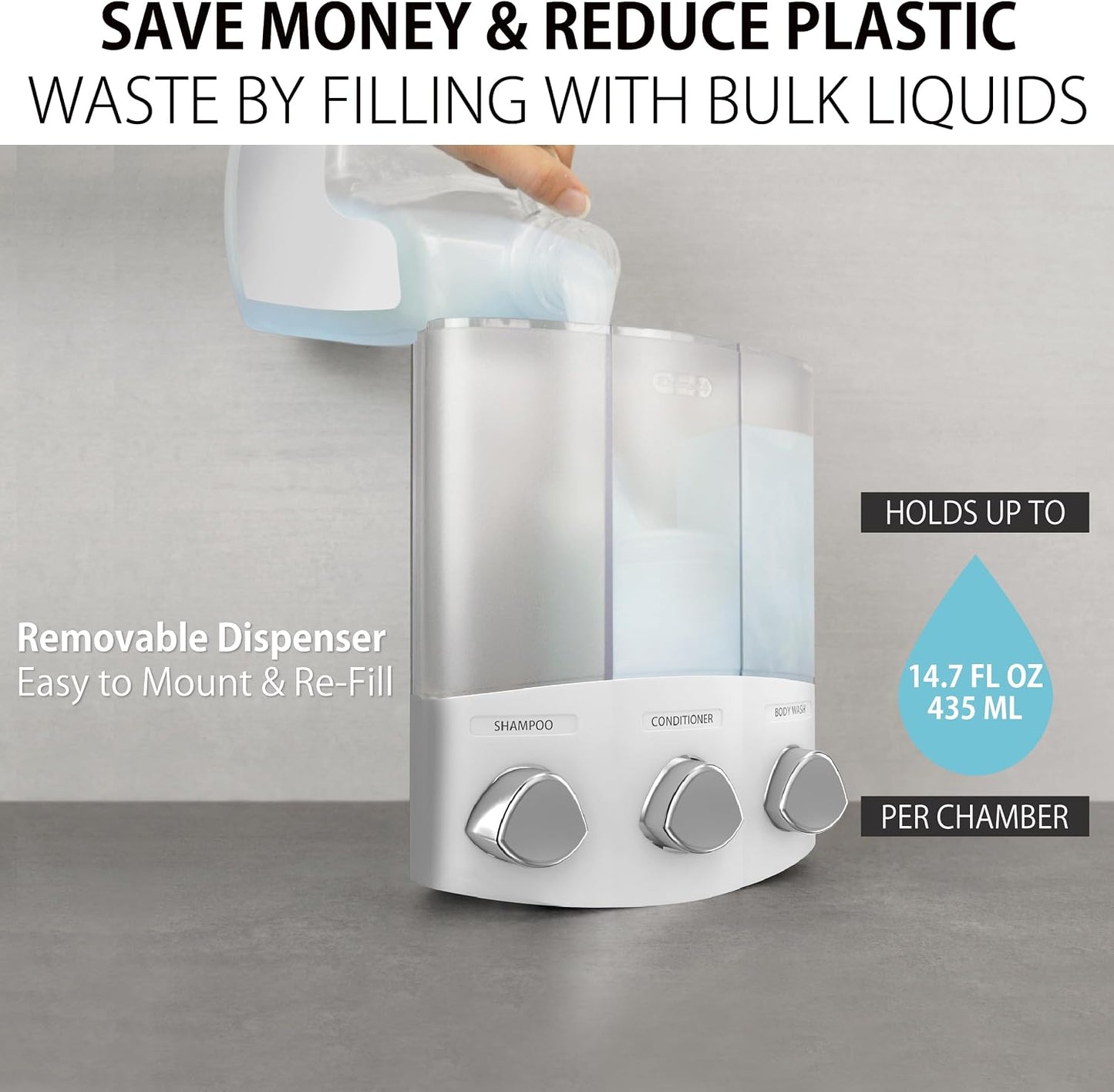 Better Living Products, White 76354 Euro Series TRIO 3-Chamber Soap and Shower Dispenser