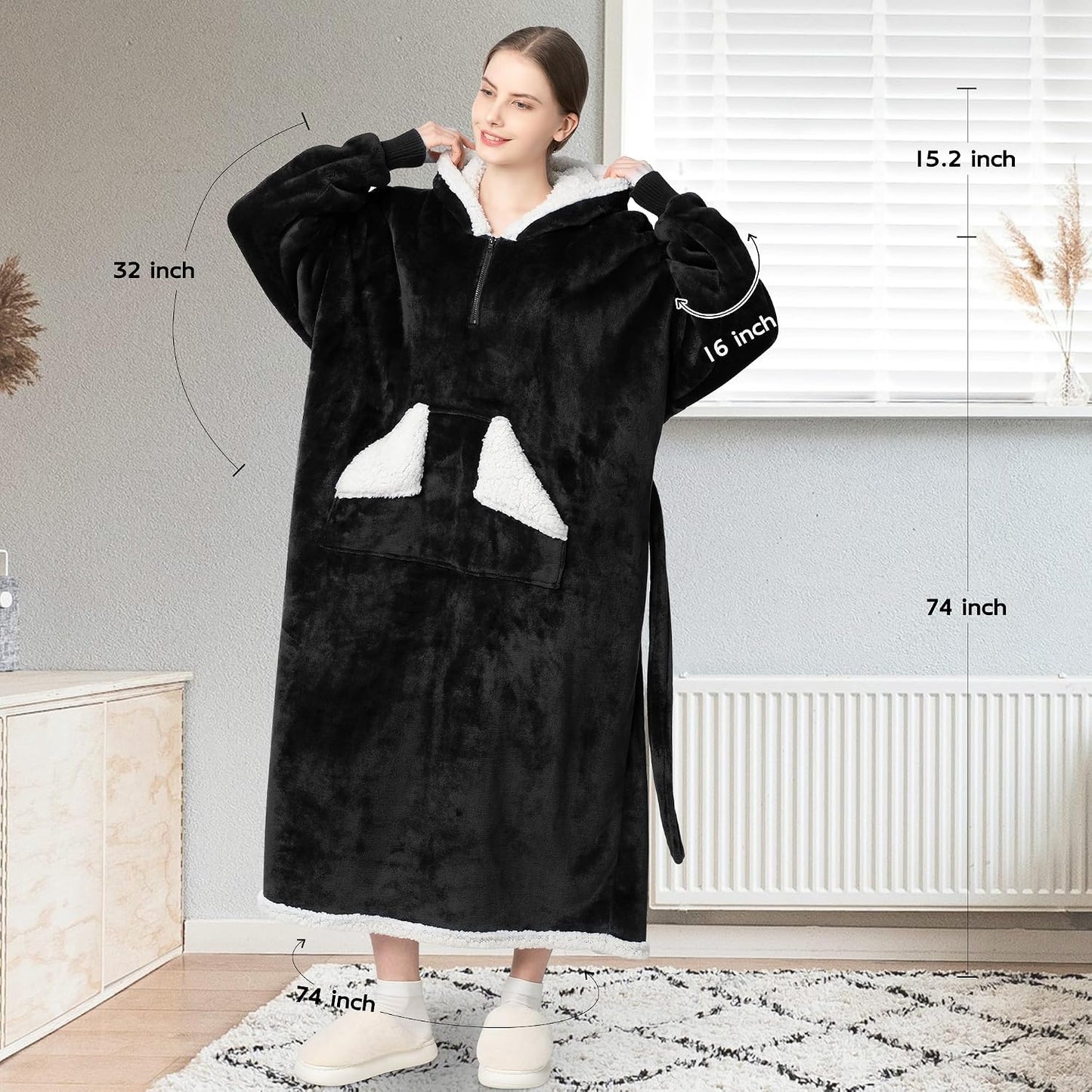 Wearable Blanket Hoodie, Oversized Sherpa Fleece Sweatshirt Blanket with Giant Hood Pocket and Sleeves for Adult, Warm & Cozy Grey Blanket Gifts for Women