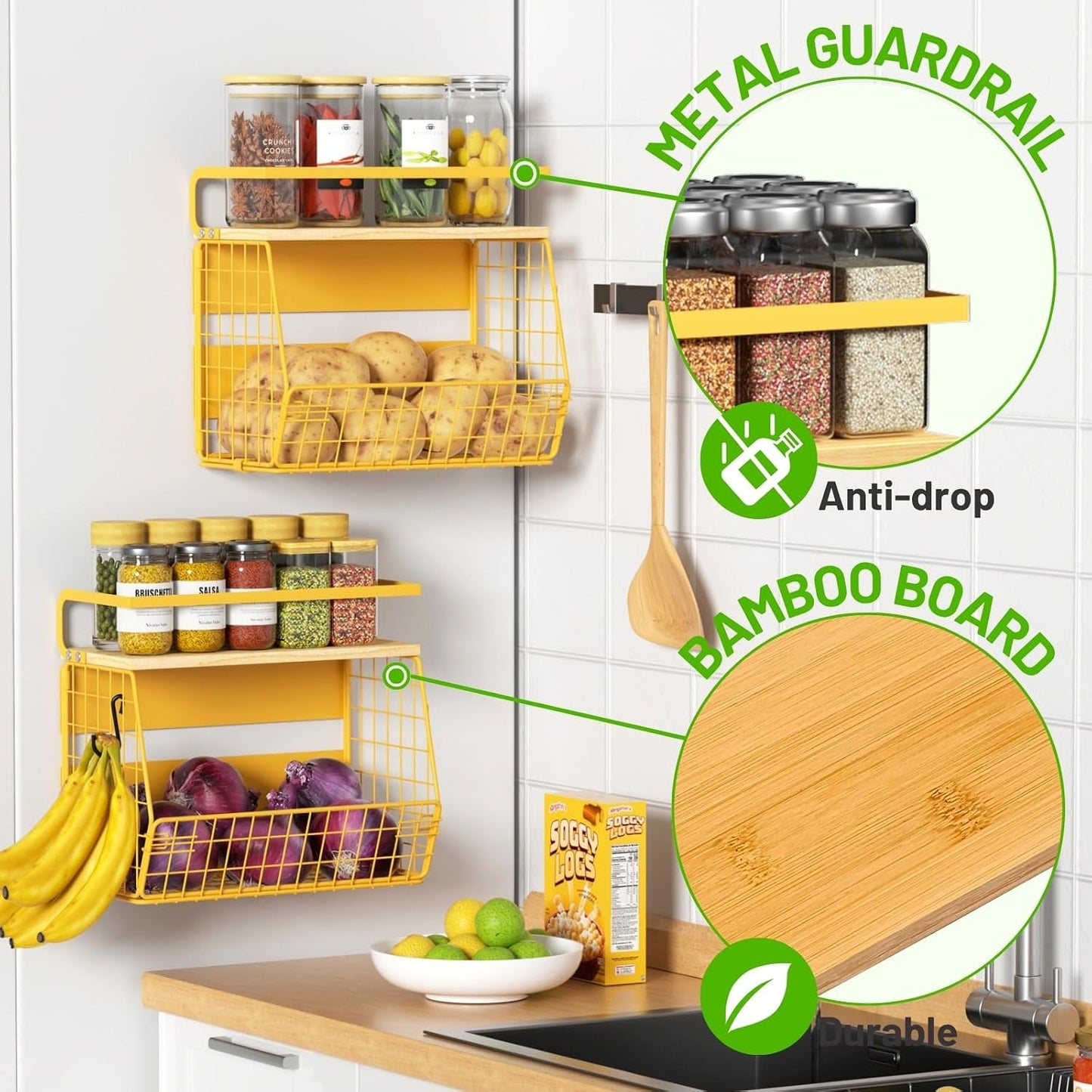 Magnetic Shelf for Fridge with Wood Lid, Fruit Potato and Onion Storage Bins, Pantry Organizers & Storage, Large Container Magnetic Spice Rack for Refrigerator, Kitchen Counter, Cabinet | Strong magnet holds 50lbs, ventilated bin for produce, versatile