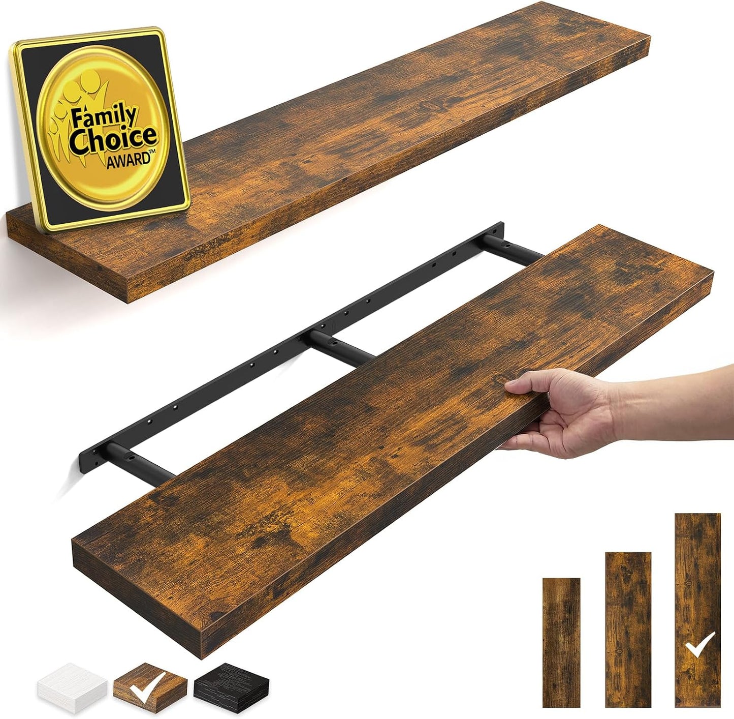 BAYKA Rustic Brown Floating Shelves 22.5in, Set of 2, Wall Mount Wood Shelf | Easy Install, 22lbs Max Load, Hidden Bracket, for Bathroom Bedroom Living Room or Kitchen, Hanging Shelf Book Decor Storage