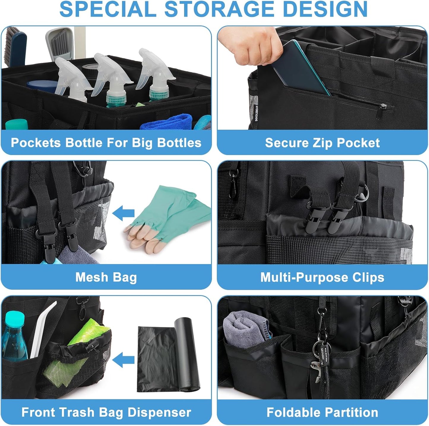 Large Cleaning Caddy Organizer, Adj Straps & Board Dividers Heavy‑Duty | Waterproof Nylon Fabric, Handle, Removable Divider, Tool Bags for Housekeepers, Car detailing, Kitchen Bathroom