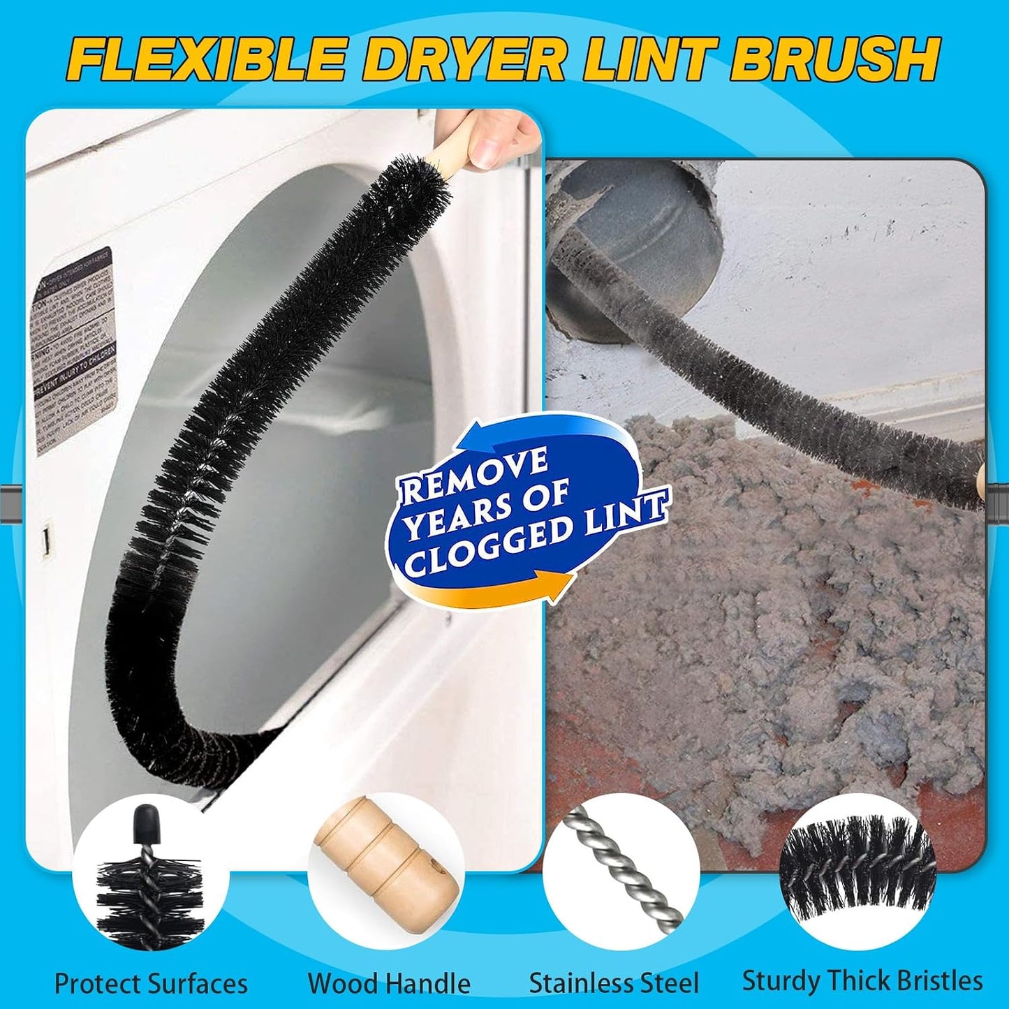 Sealegend 2 PCS Dryer Vent Cleaner Kit, Dryer Lint Vacuum Attachment&Brush | Blue Dryer Vent Vacuum Hose Dryer Lint Remover Brush for Dryer and Washer,Deep Traps Cleaning Tool Fits Most Vacuums