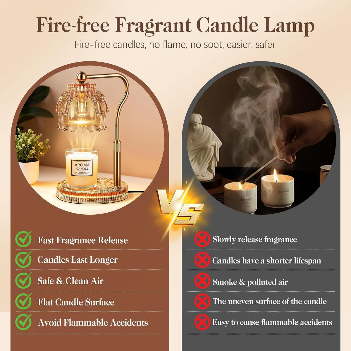 Candle Warmer Lamp with Timer Dimmer, Modern Wax Warmer for Scented Wax Jar Candle Warmer with 2 Bulbs, Adjustable Height Glass Lamp for Gifts for Women, Home Decor, Gold Amber
