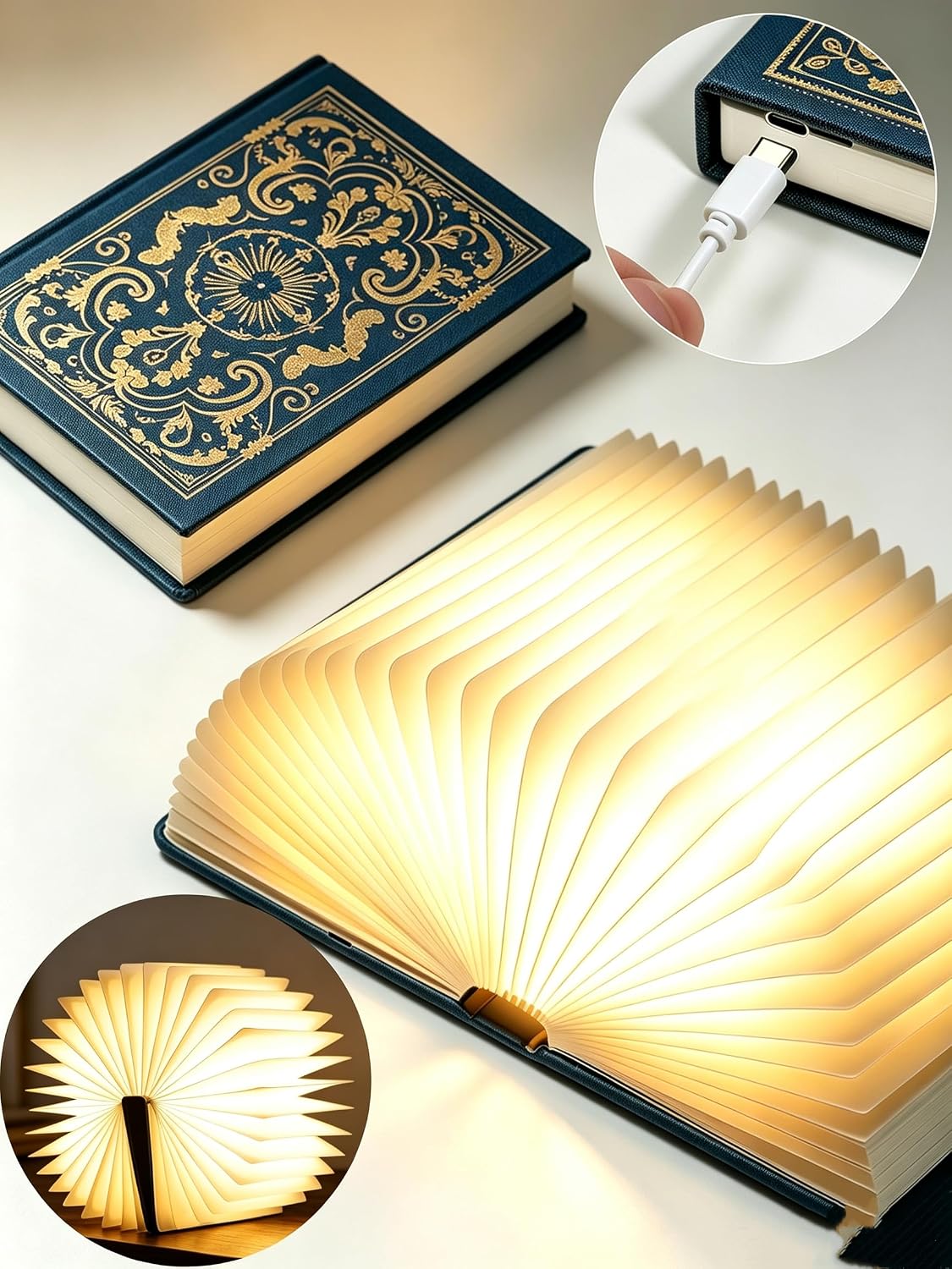 Book Lamp for Book Lovers Gifts-3 Color Lights,LED Ambient Lighting,Portable Foldable Paper Desk Lamp for Night Reading (Gold)