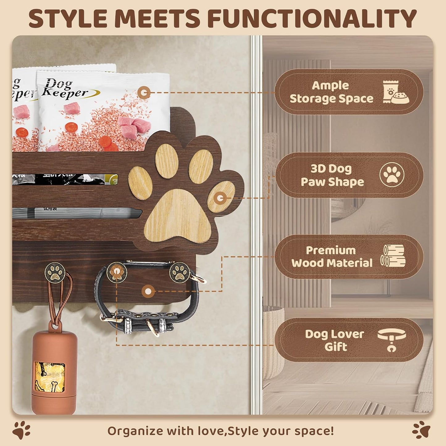 MTERSN Dog Leash Holder for Wall with Wall Shelf for Dog Lover, White | 3D Paw-print Design, Mail Holder for Wall with 6 Hooks for Dog Leash & Sunglasses, Put Dog Food Container, Rustic Home Decor
