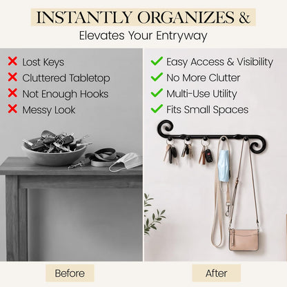 Farmhouse Small Key Holder for Wall, Wrought Iron Wall Mount Rack | Handcrafted Swirl Decorative, 5 Key Hooks for Home Entryway, Purse, Coat and Leash Holder or Organizer (Classic Black)