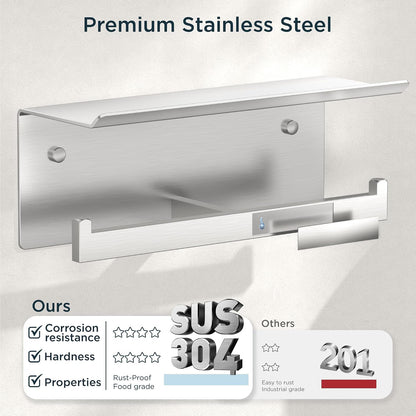 FORIOUS Toilet Paper Holder with Shelf, Commercial Toilet Paper Dispenser | Brushed Nickel | SUS304 Stainless Steel Wall Mount Double Bathroom Tissue Roll Holder for Hotel, Apartments, etc