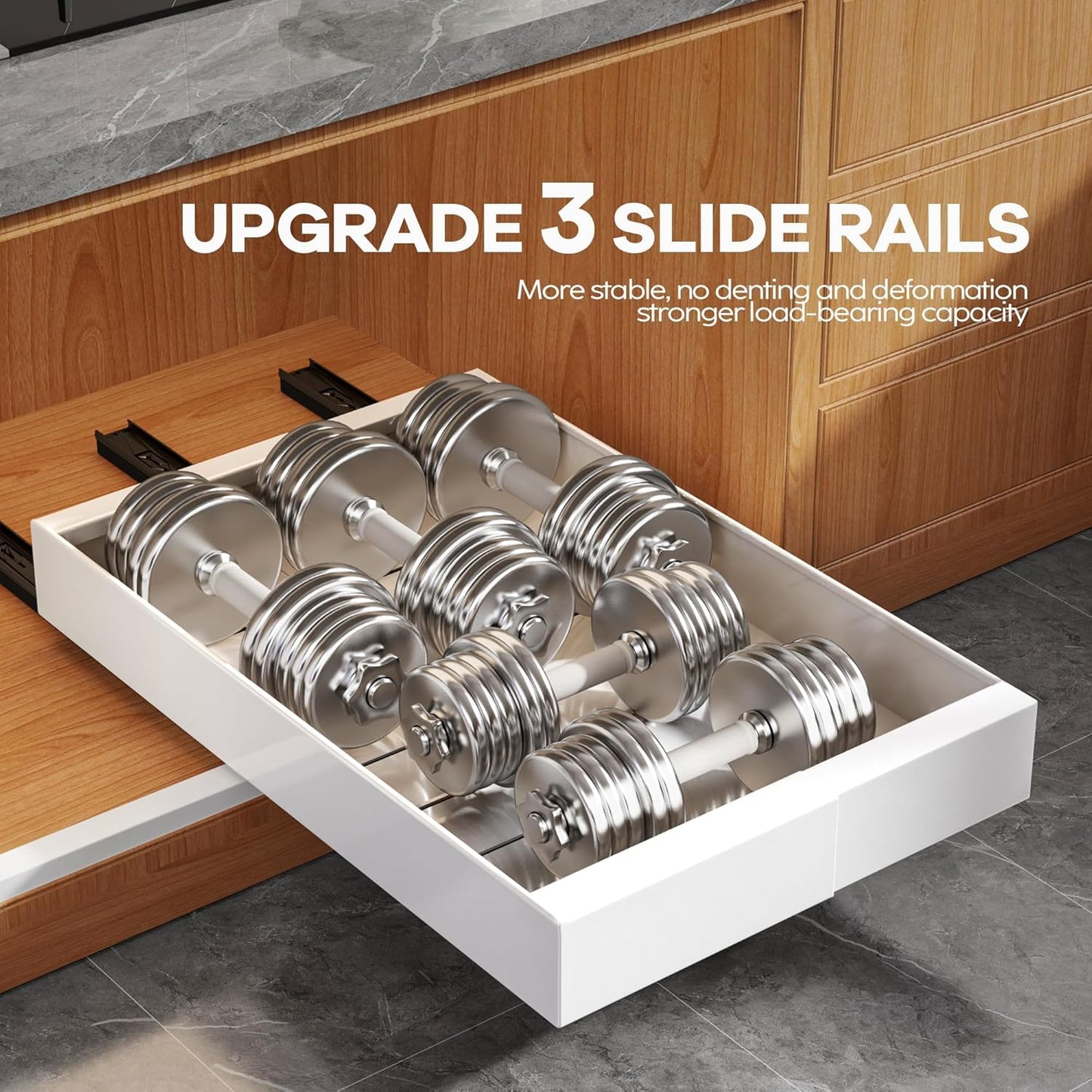 Seinloes 2Pack Expandable Pull Out Cabinet Organizer 21"Deep With Raising Pad for Framed Cabinets, Upgrade 3 Slide Rails Slide Out Drawers, Roll Out Shelves Adhesive,Adjustable Width 12.05"-20.4"White