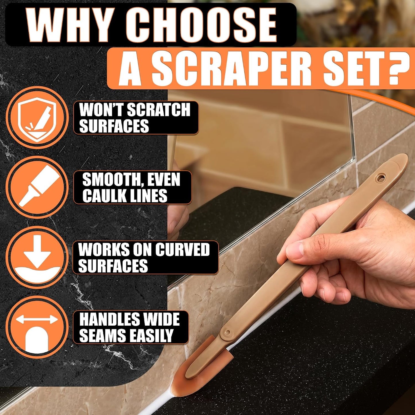 4-Piece Caulking Tool Kit for Silicone Sealant, Grout and Sink Edges | Caulk Tool Set; Sizes 0.78"-1.73"; Urethane Rubber Tips with ABS Handle; Reusable; for Bathroom, Kitchen, Tile & Window