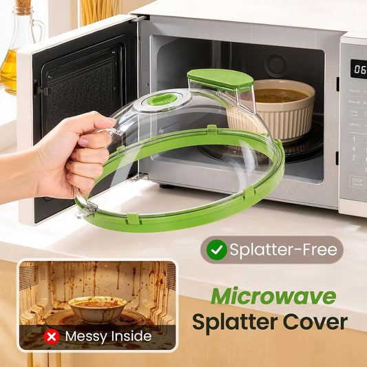 Microwave Splatter Cover for Food with Water Steamer 12inch, Food-Grade | Microwave Splatter Guard, BPA-Free, Microwave-Safe, Rotating Vent, Anti-Scald Handle, with Silicone Trivet and Gap Brush