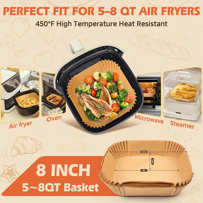 150Pcs Air Fryer Liners Disposable, 8 Inch Paper for 5-8 QT Air Fryers | Square Unbleached Paper for Ninja Air Fryer Basket, Non-Stick, Greaseproof for Baking, Roasting, Oven, Airfryer Accessories