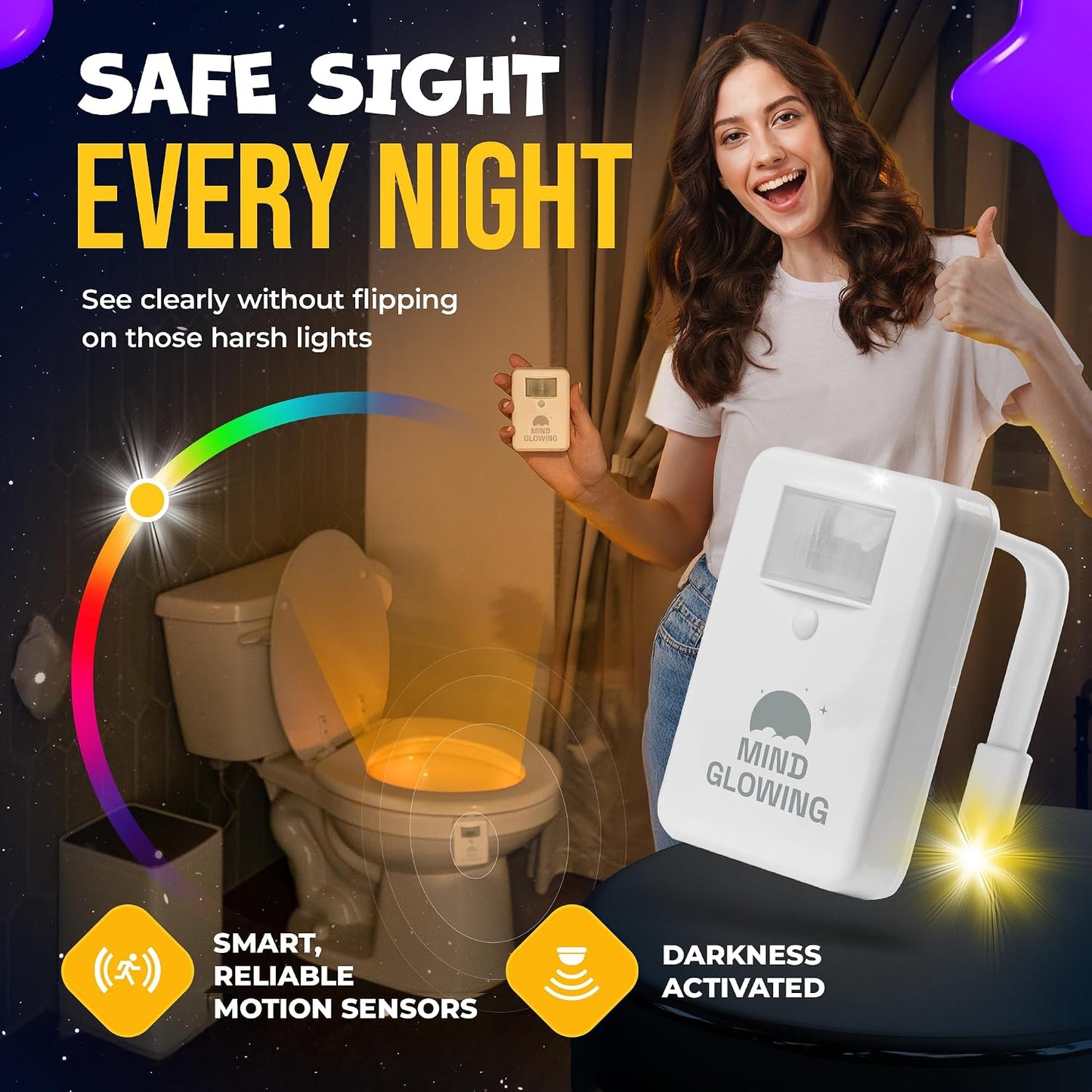 Mind-Glowing Night Safety & Bedtime Serenity Set: Toilet Light with Motion Sensor (2 Pack) & Zen Moon Lamp