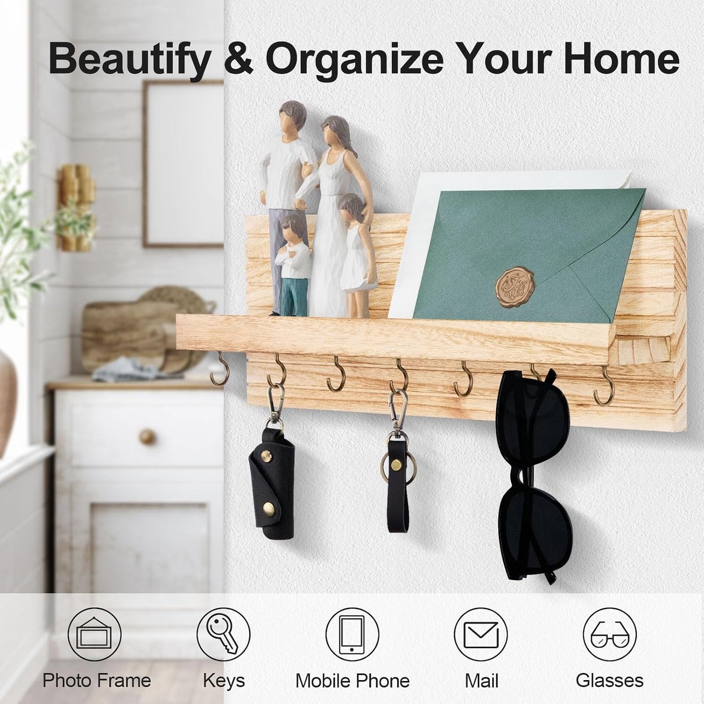 Lwenki Decorative Key Holder for Wall with Shelf, Entryway Shelf with Hooks Holds Leashes, Jackets and Glasses – Sturdy Wood Keyholder Entrance Hanger with Mounting Hardware (Black, Medium)