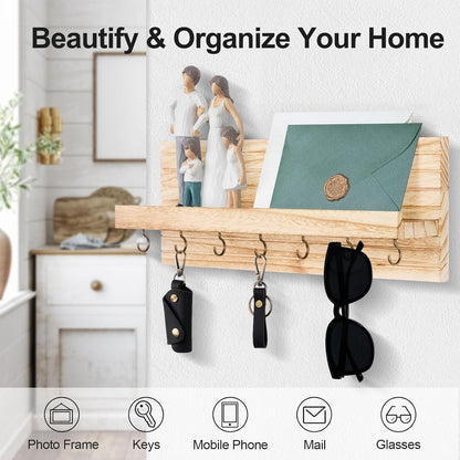 Lwenki Decorative Key Holder for Wall with Shelf, Entryway Shelf with Hooks Holds Leashes, Jackets and Glasses – Sturdy Wood Keyholder Entrance Hanger with Mounting Hardware (Black, Medium)