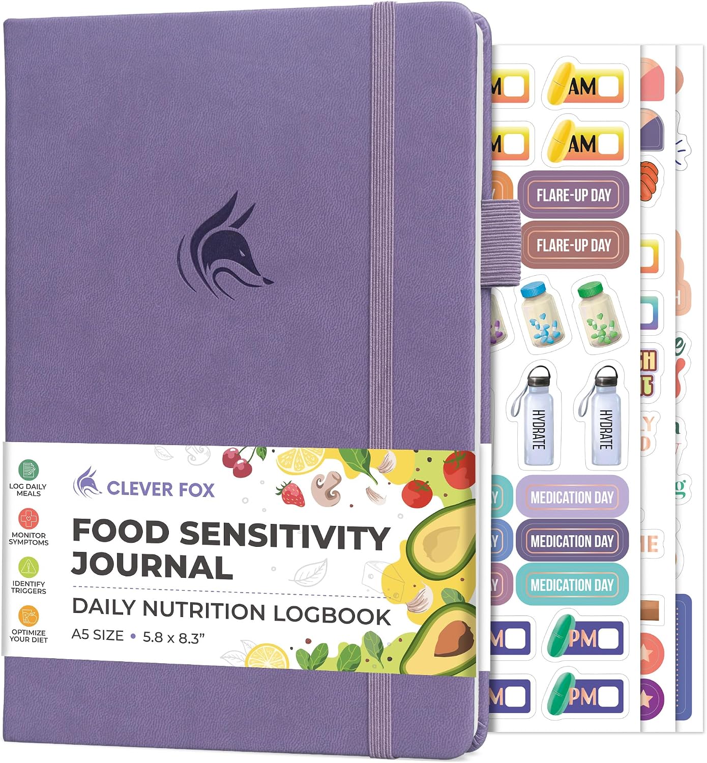 Clever Fox Food Sensitivity Journal & Symptom Diary, 8.5x11 Purple | Simple tracker log book for adults & kids, Intolerance, allergy, elimination diet, diabetic, IBS, low fodmap, food & poop