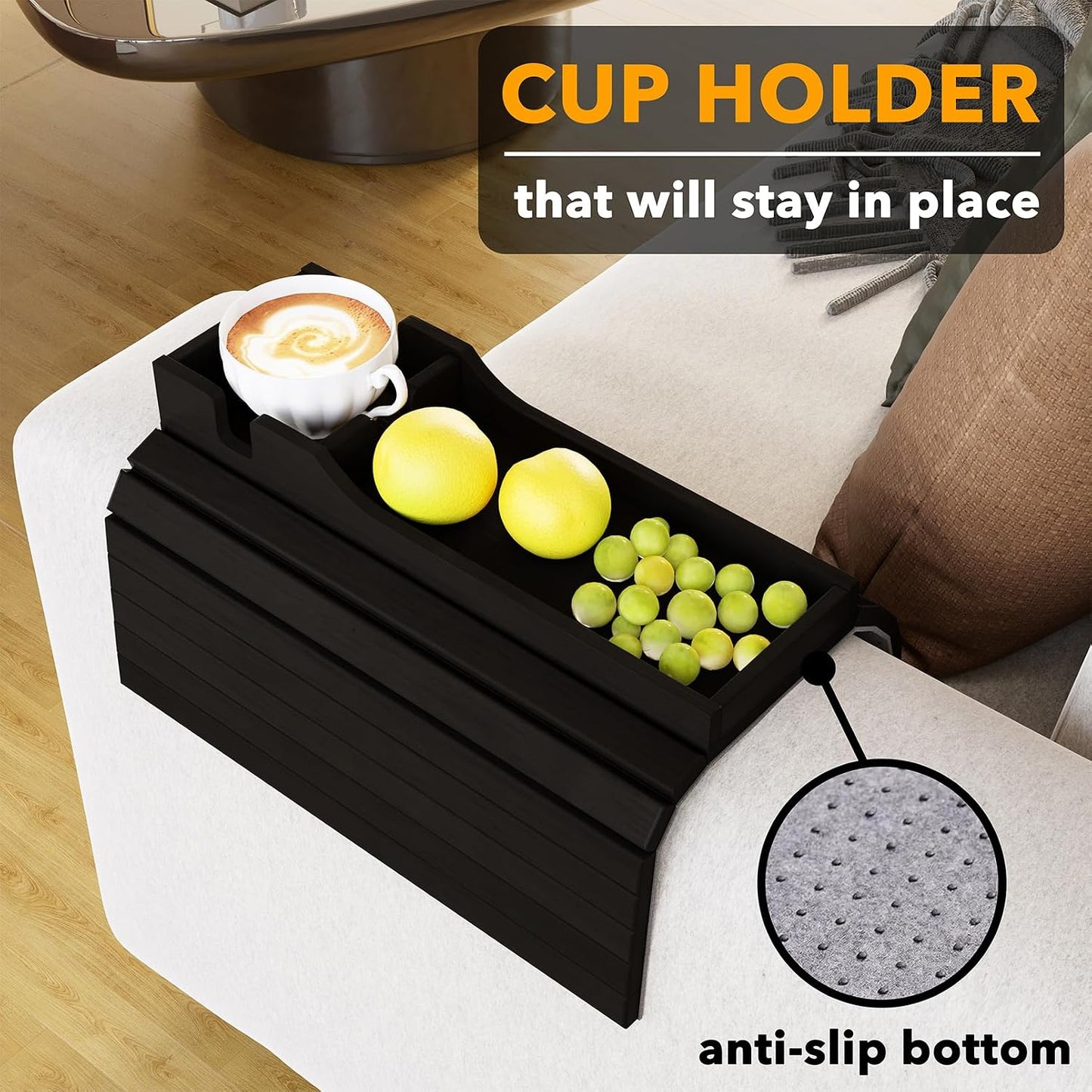 SpaceAid Bamboo Couch Cup Holder, Anti Falling Foldable Sofa Armrest Tray with Cup Holder, Couch Arm Side Table Organizer for Drink Cup Remote Snacks (Natural)