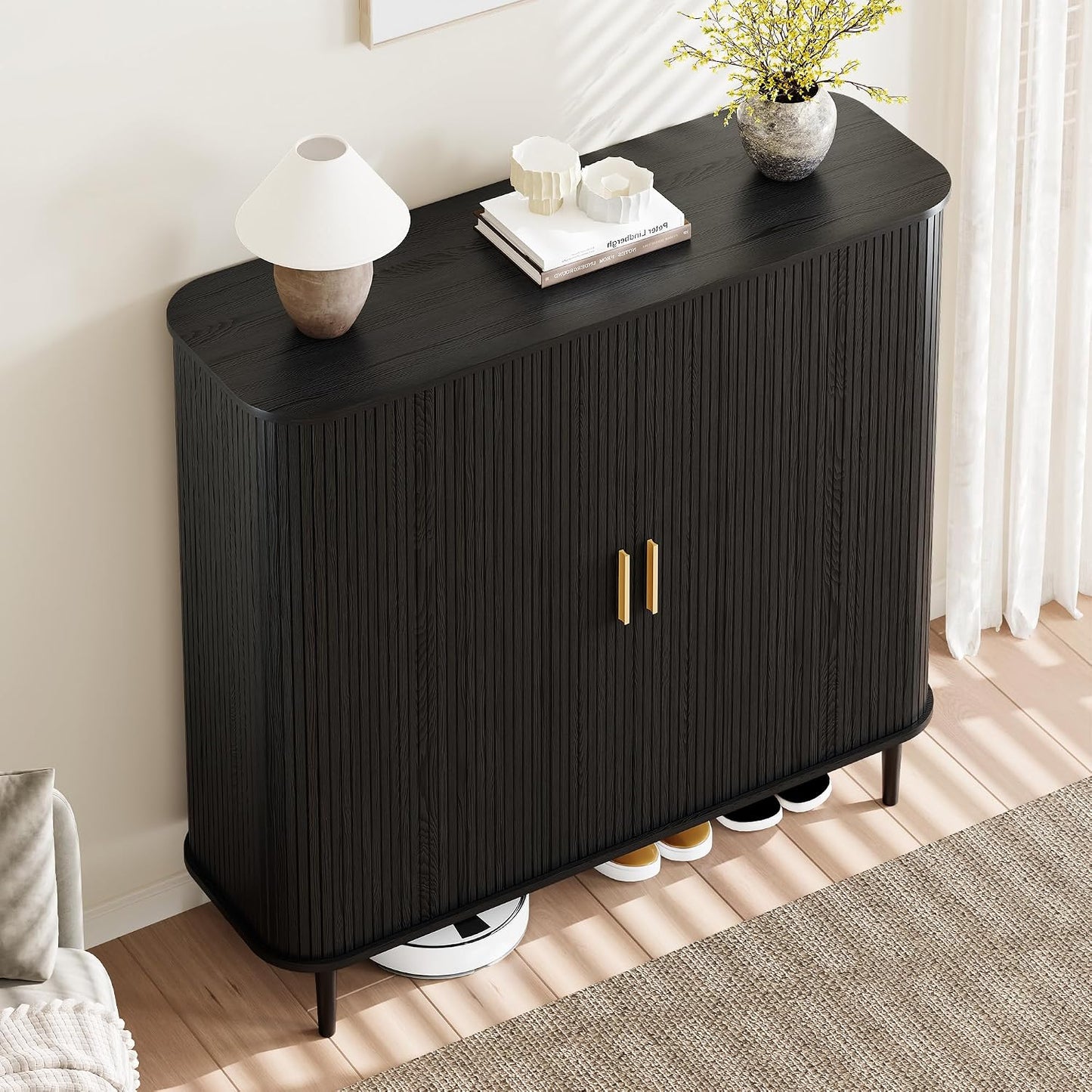DHH Shoe Storage Cabinet with Sliding Door, 6-Tier Shoe Cabinet with Adjustable Shelves, Modern Freestanding Shoe Storage Organizer for Entryway, Hallway, Living Room (Walnut, 47 ")