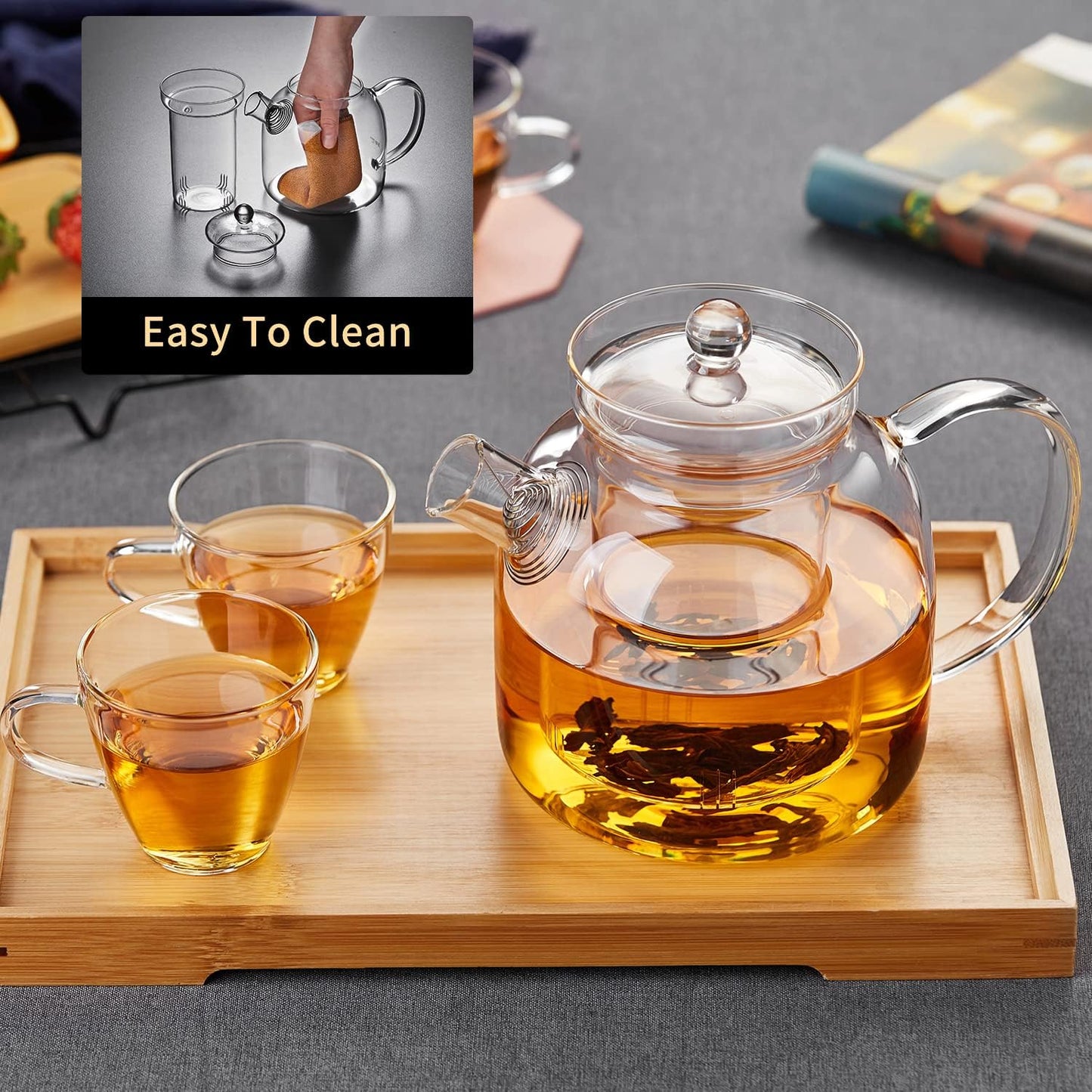 Glass Teapot,1000ml/34oz Borosilicate Glass Teapot with Removable Infuser, Stovetop Safe Tea Kettle,Blooming and Loose Leaf Tea Maker