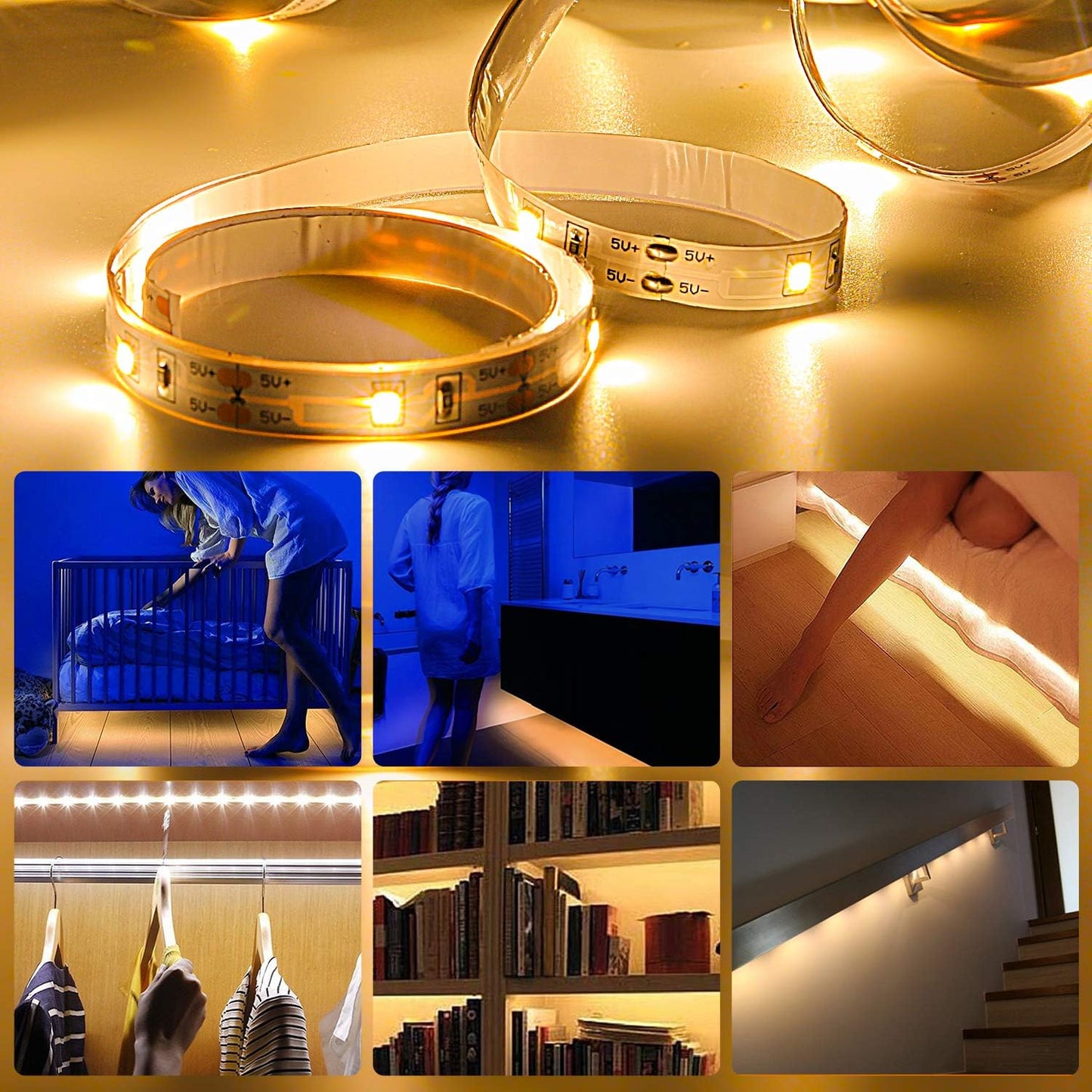 Motion Sensor LED Light Strip Indoor, 2-Pack 9.8Ft, 3000K Warm White | Motion Activated Under Bed Light,Auto Shut-Off Timer,USB Powered Auto On/Off Night Lighting for Bedroom Stair Cabinet Hallway