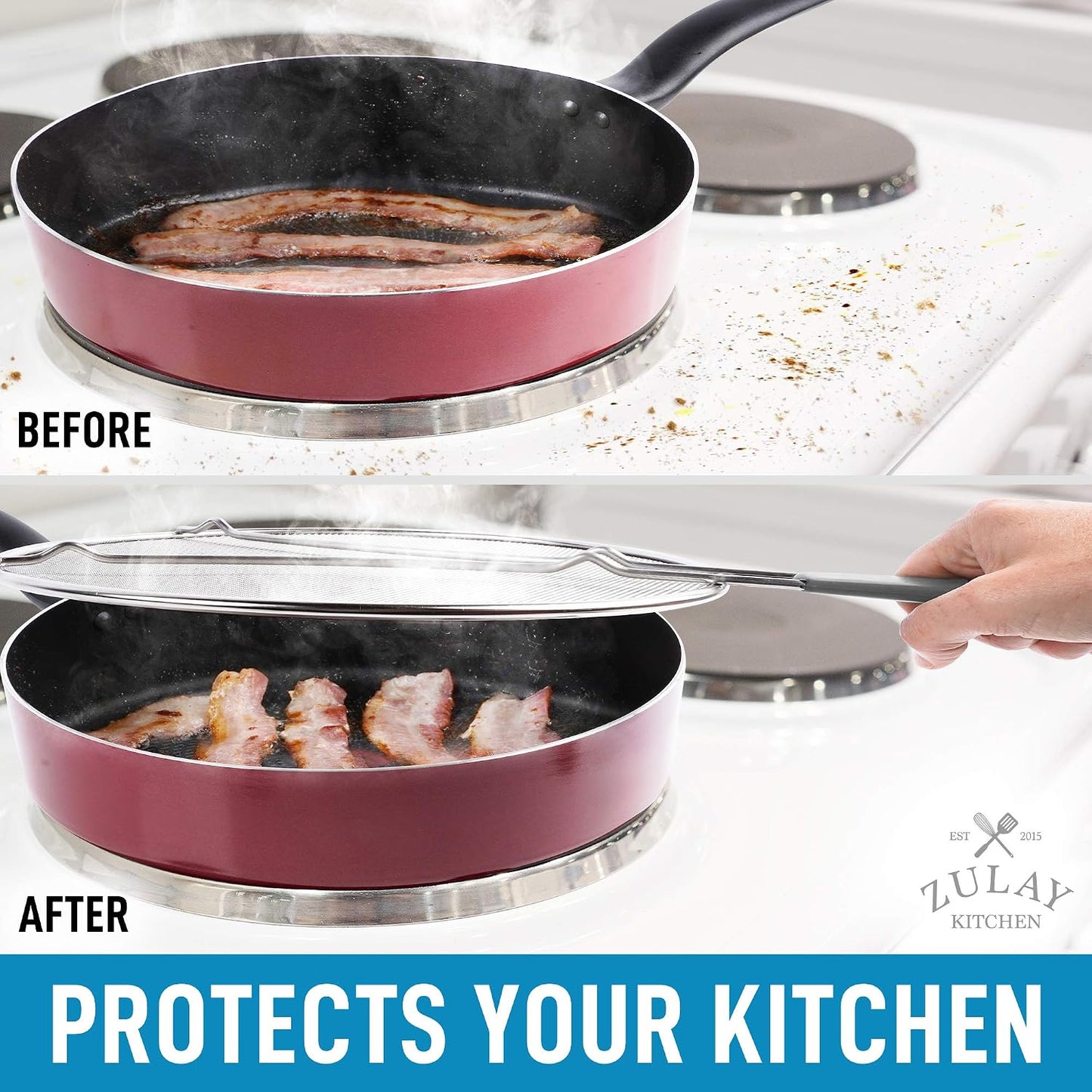 Zulay Kitchen Splatter Screen for Frying Pan (13”) - Grease Splatter Guard for Frying Pan - Oil Splatter Guard - Oil Splash Guard for Frying Pan - Stainless Steel Grease Screen for Stove Top (Black)
