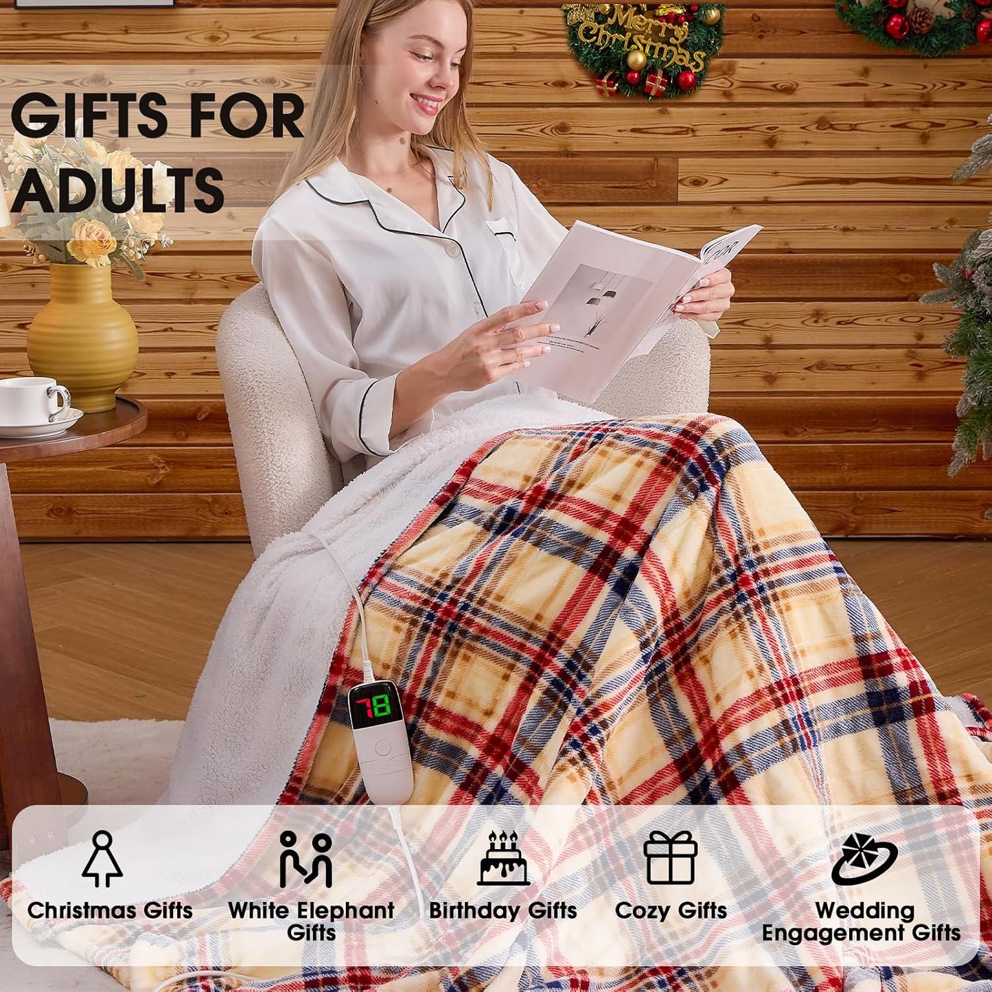 Heated Blanket Electric Throw 50X60 Heating Blanket with 10 Heating Levels 8 Hours Auto Off, Blue Plaid Sherpa Blankets Winter Warmer, Home Decor for Couch Bed Office,Gifts for Mom, Women,Washable
