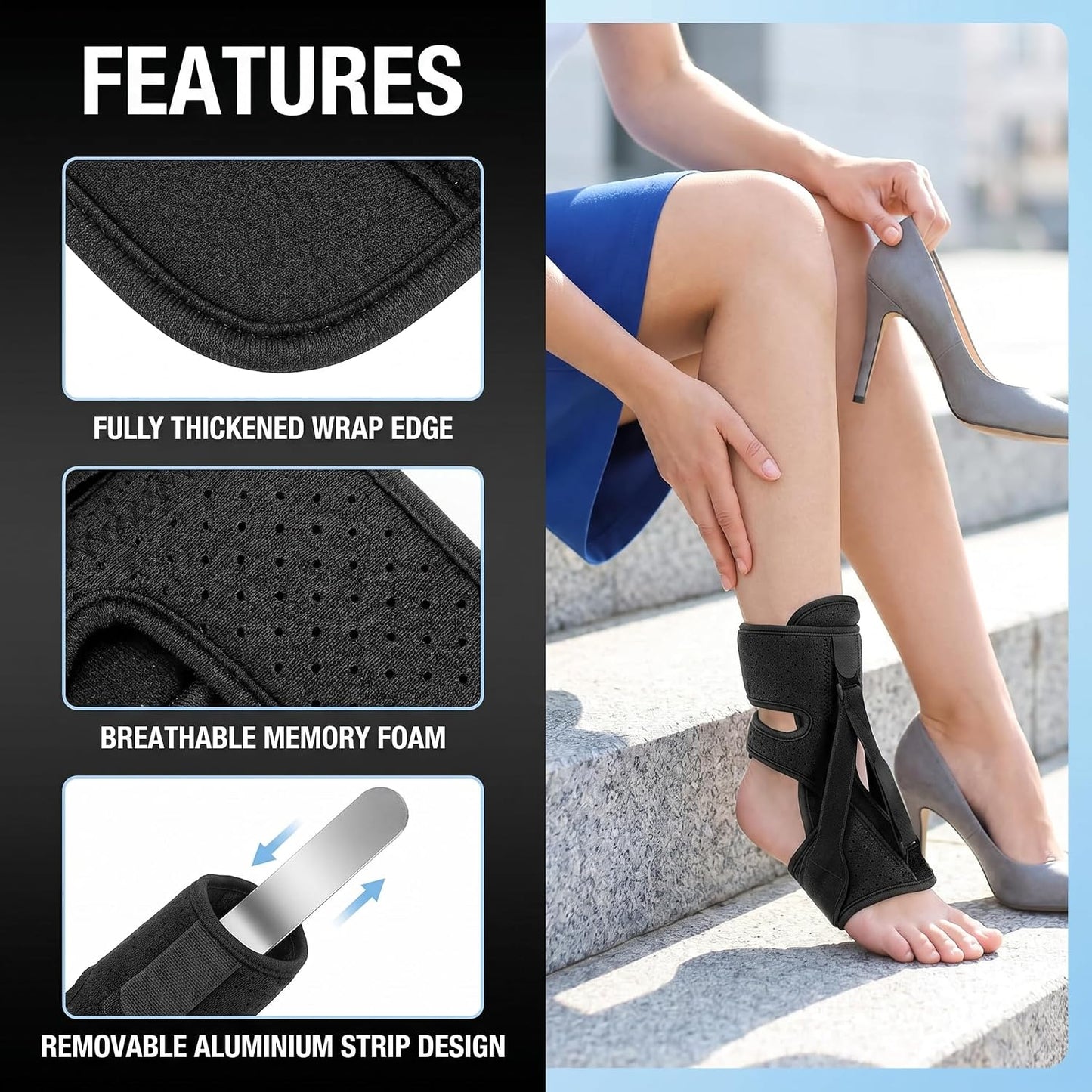 Plantar Fasciitis Night Splint, Adjustable Foot Drop Brace for Achilles Tendon Support, Sleeping Stretch Boot for Heel Pain Relief, Soft Day Night Ankle Support for Men Women (1PC-Black)