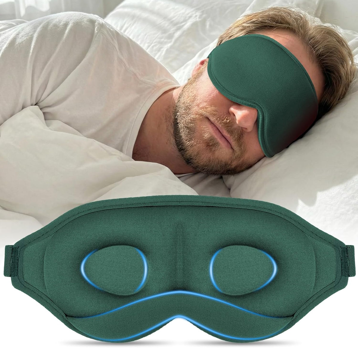 Sleep Mask for Side Sleepers, 3D Contoured Eye Mask with Thickened Padded Nose Bridge for Total Light Blockout, Relaxing Sleeping Mask with Adjustable Strap for Nap, Travel, Hotel, Yoga,Green